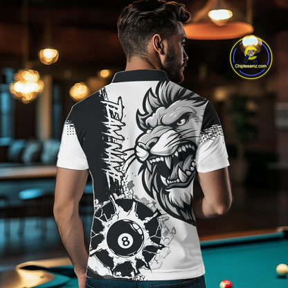 Black And White Funny Lion Billiard Shirt For Men Custom 8 Ball Pool Team Jersey Polo & 1/4 Zip TDM6321
