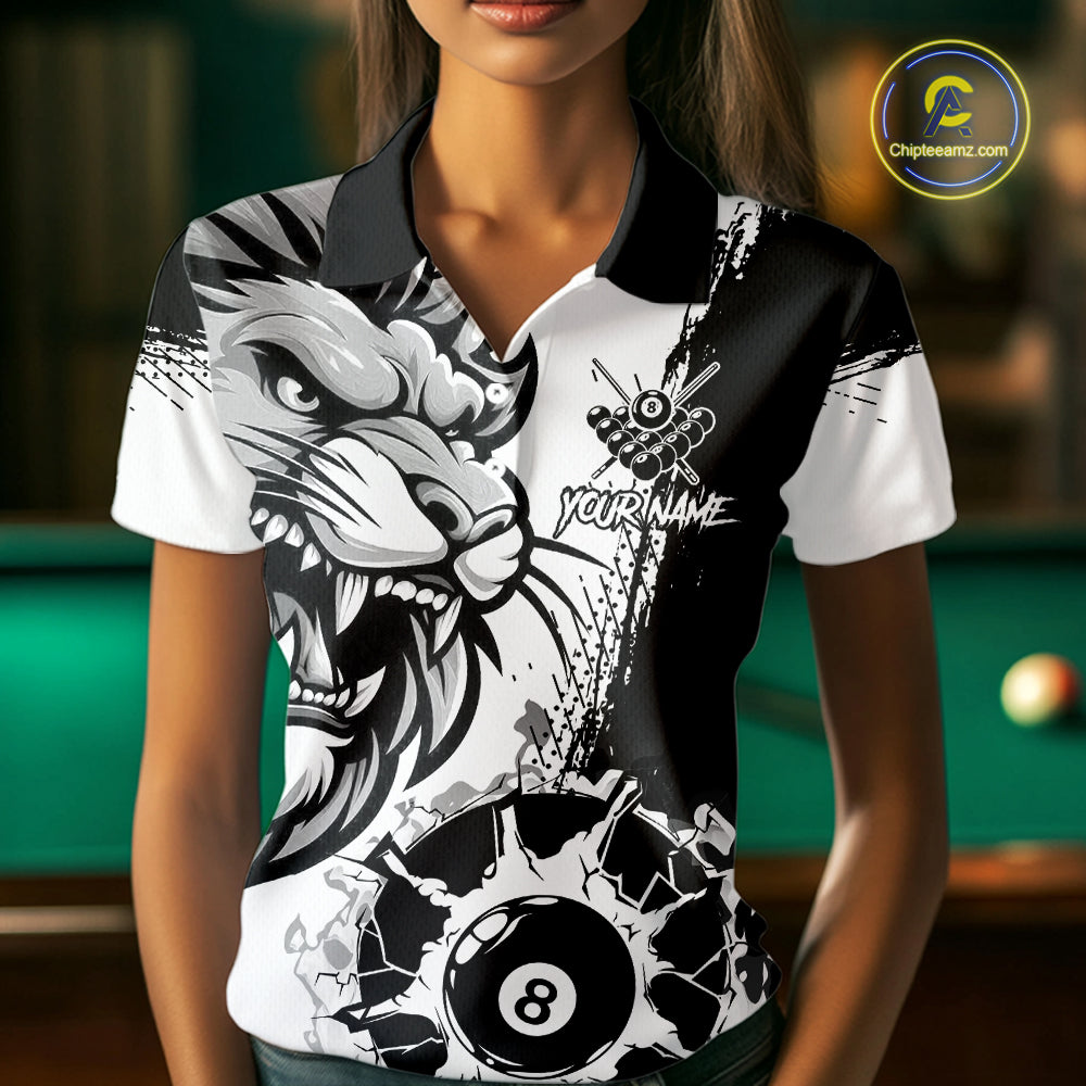 Black And White Funny Lion Billiard Shirt For Women Custom 8 Ball Pool Team Jersey Polo & 1/4 Zip TDM6321