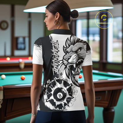 Black And White Funny Lion Billiard Shirt For Women Custom 8 Ball Pool Team Jersey Polo & 1/4 Zip TDM6321