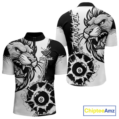 Black And White Funny Lion Billiard Shirt For Men Custom 8 Ball Pool Team Jersey Polo & 1/4 Zip TDM6321