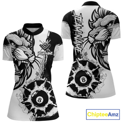 Black And White Funny Lion Billiard Shirt For Women Custom 8 Ball Pool Team Jersey Polo & 1/4 Zip TDM6321