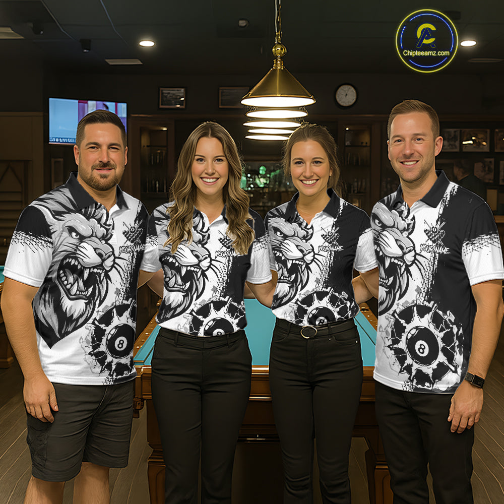 Black And White Funny Lion Billiard Shirt For Men Custom 8 Ball Pool Team Jersey Polo & 1/4 Zip TDM6321
