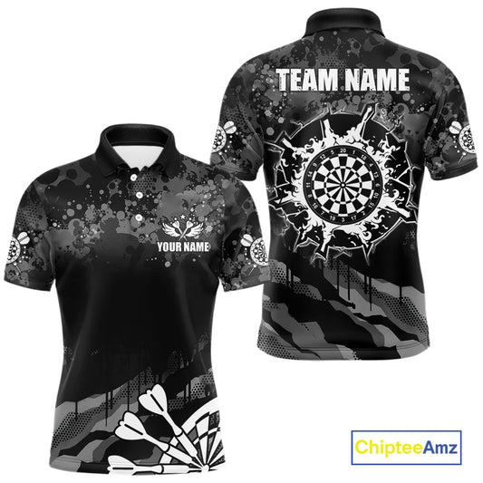 Black Grey Grunge Camo Darts Shirt For Men Custom Darts Jersey Team Polo & 1/4 Zip, Darts Uniform TDM6322