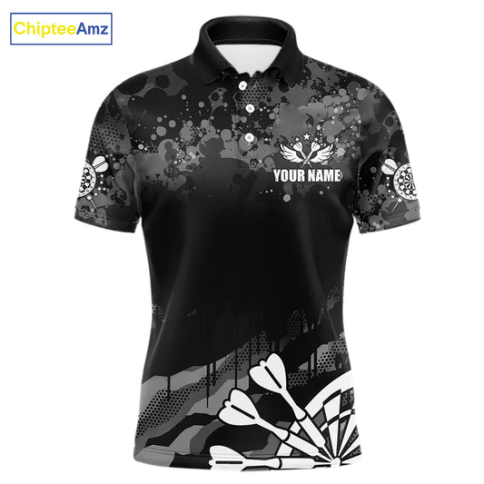 Black Grey Grunge Camo Darts Shirt For Men Custom Darts Jersey Team Polo & 1/4 Zip, Darts Uniform TDM6322