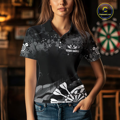 Black Grey Grunge Camo Darts Shirt For Women Custom Darts Jersey Team Polo & 1/4 Zip, Darts Uniform TDM6322