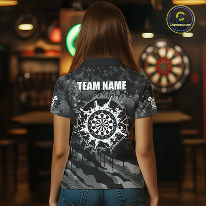 Black Grey Grunge Camo Darts Shirt For Women Custom Darts Jersey Team Polo & 1/4 Zip, Darts Uniform TDM6322