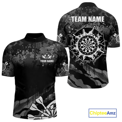 Black Grey Grunge Camo Darts Shirt For Men Custom Darts Jersey Team Polo & 1/4 Zip, Darts Uniform TDM6322