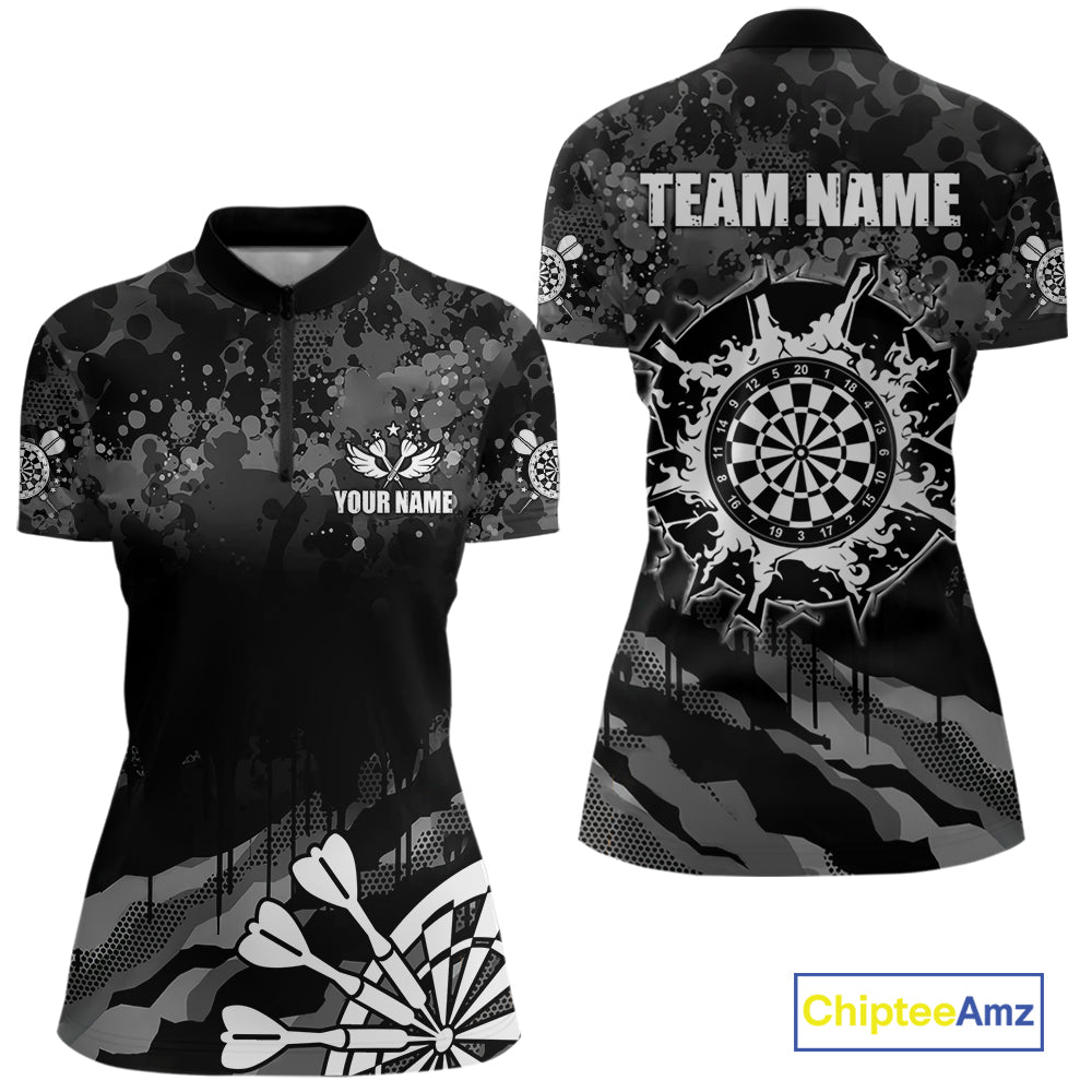 Black Grey Grunge Camo Darts Shirt For Women Custom Darts Jersey Team Polo & 1/4 Zip, Darts Uniform TDM6322