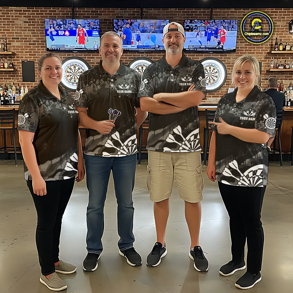 Black Grey Grunge Camo Darts Shirt For Women Custom Darts Jersey Team Polo & 1/4 Zip, Darts Uniform TDM6322