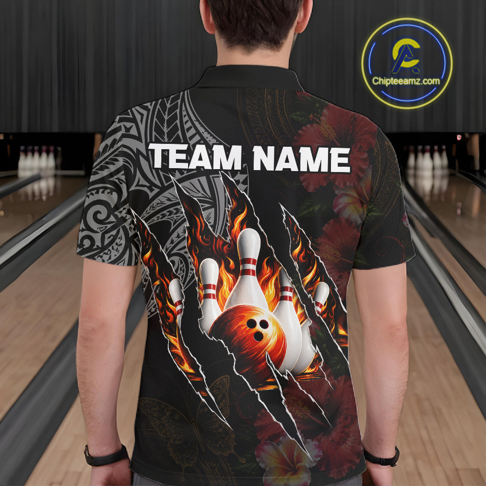 Personalized Hibiscus Flower Flame Bowling Shirt For Men, Tribal Bowling Team Jersey Polo, 1/4 Zip TDM6501