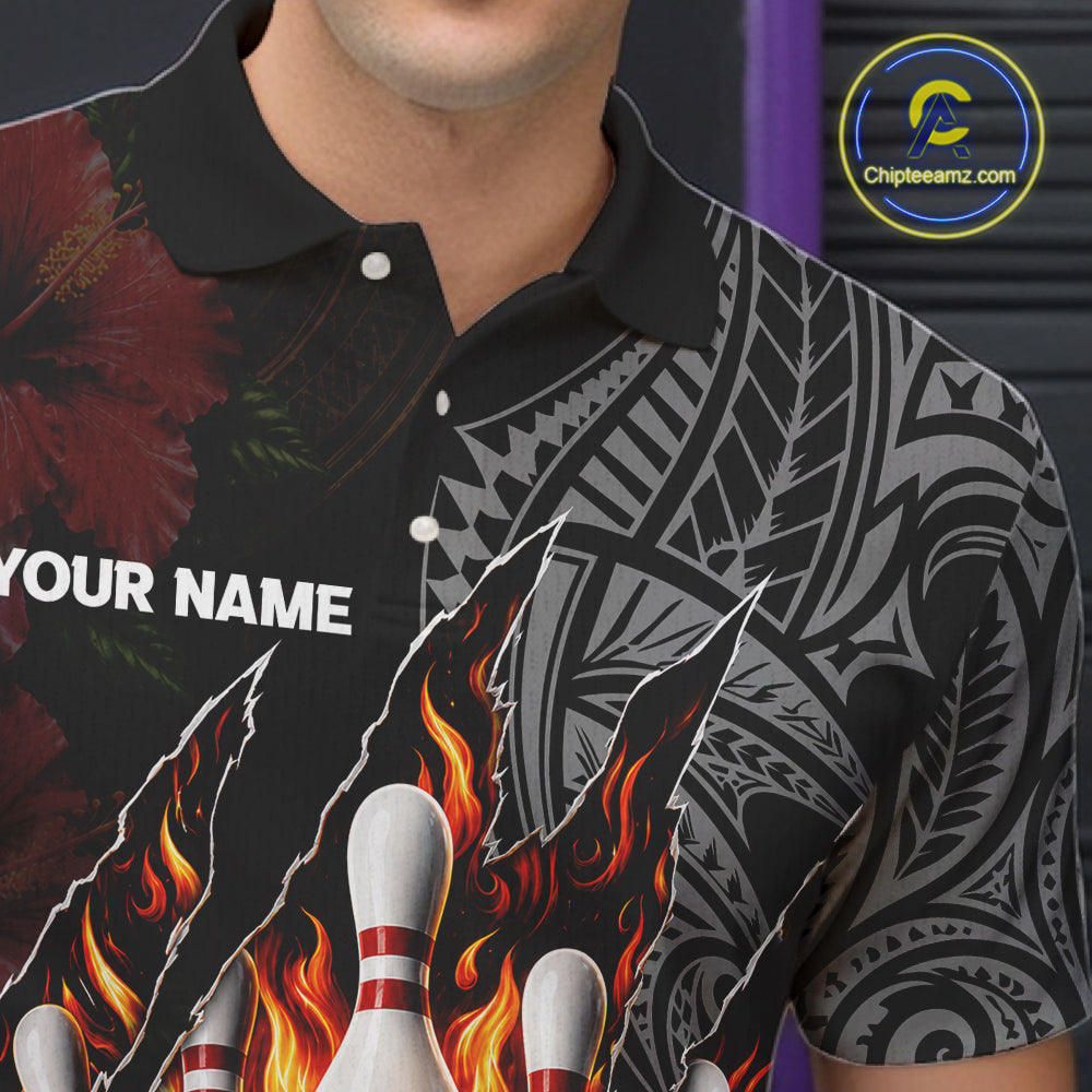 Personalized Hibiscus Flower Flame Bowling Shirt For Men, Tribal Bowling Team Jersey Polo, 1/4 Zip TDM6501