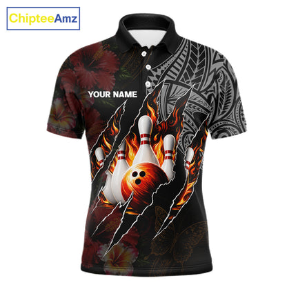 Personalized Hibiscus Flower Flame Bowling Shirt For Men, Tribal Bowling Team Jersey Polo, 1/4 Zip TDM6501