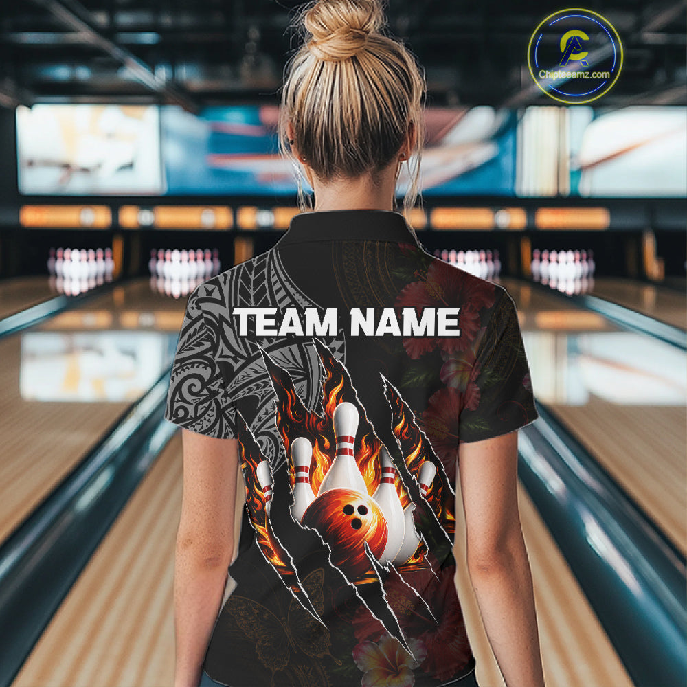 Personalized Hibiscus Flower Flame Bowling Shirt For Women, Tribal Bowling Team Jersey Polo, 1/4 Zip TDM6501