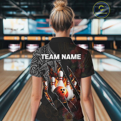 Personalized Hibiscus Flower Flame Bowling Shirt For Women, Tribal Bowling Team Jersey Polo, 1/4 Zip TDM6501