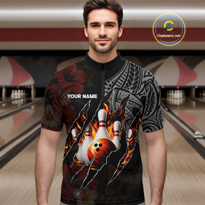 Personalized Hibiscus Flower Flame Bowling Shirt For Men, Tribal Bowling Team Jersey Polo, 1/4 Zip TDM6501