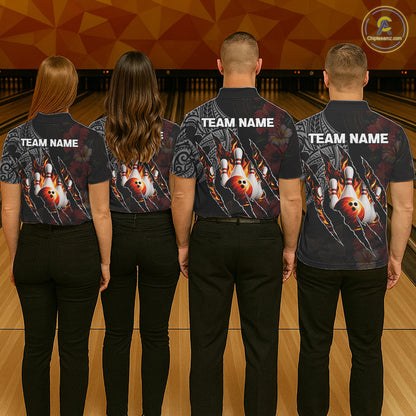 Personalized Hibiscus Flower Flame Bowling Shirt For Men, Tribal Bowling Team Jersey Polo, 1/4 Zip TDM6501