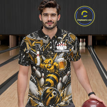 Load image into Gallery viewer, Man wearing yellow funny bee graffiti bowling team jersey quarter zip shirt featuring colorful graffiti bee artwork, front view.