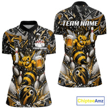 Load image into Gallery viewer, Yellow funny bee graffiti bowling team jersey quarter zip shirt for women featuring vibrant graffiti bee graphics, premium custom bowling league apparel for tournament and league competition.