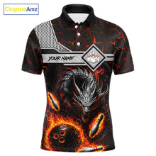 Load image into Gallery viewer, Personalized fire flame dragon bowling team jersey polo shirt for men featuring a fierce fire dragon design, premium custom bowling league apparel for tournaments, league nights and competitive bowling teams.