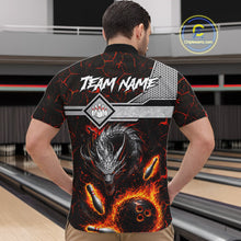 Load image into Gallery viewer, Man wearing personalized fire flame dragon bowling team jersey quarter zip shirt featuring blazing fire dragon artwork, back view.