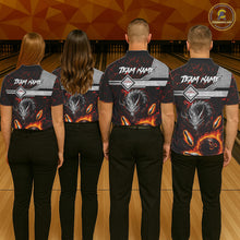 Load image into Gallery viewer, Bowling team wearing matching personalized fire flame dragon bowling team jerseys featuring premium fire dragon artwork, back view.