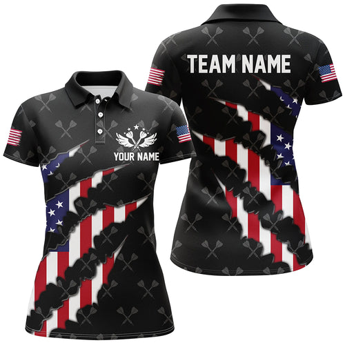 Personalized American Flag Darts Pattern Women Polo & 1/4 Zip Shirts, Black Patriotic Dart Jerseys TDM2728