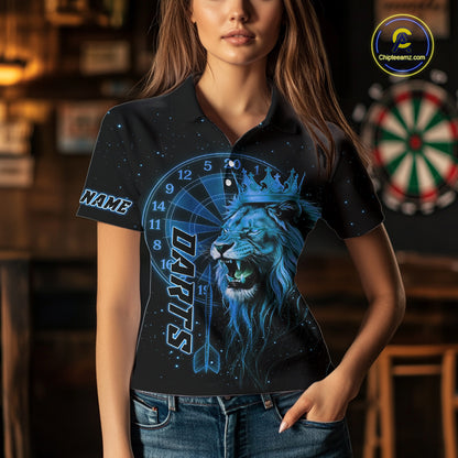 Black And Blue Funny Lion Crown Darts Shirt For Women Custom Darts League Jersey Polo & 1/4 Zip TDM5001