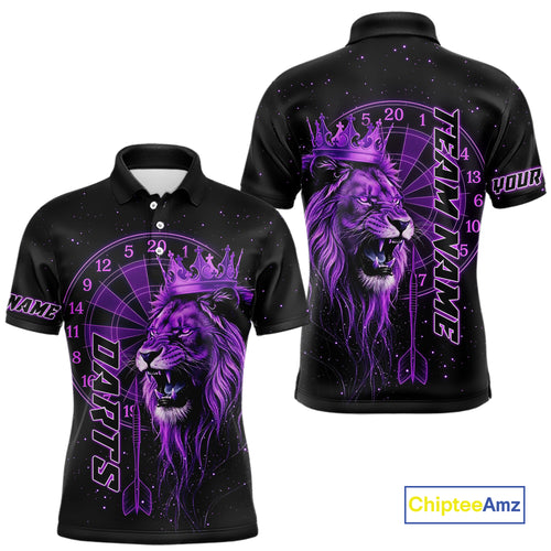 Black And Purple Funny Lion Crown Darts Shirt For Men Custom Darts League Jersey Polo & 1/4 Zip TDM5002