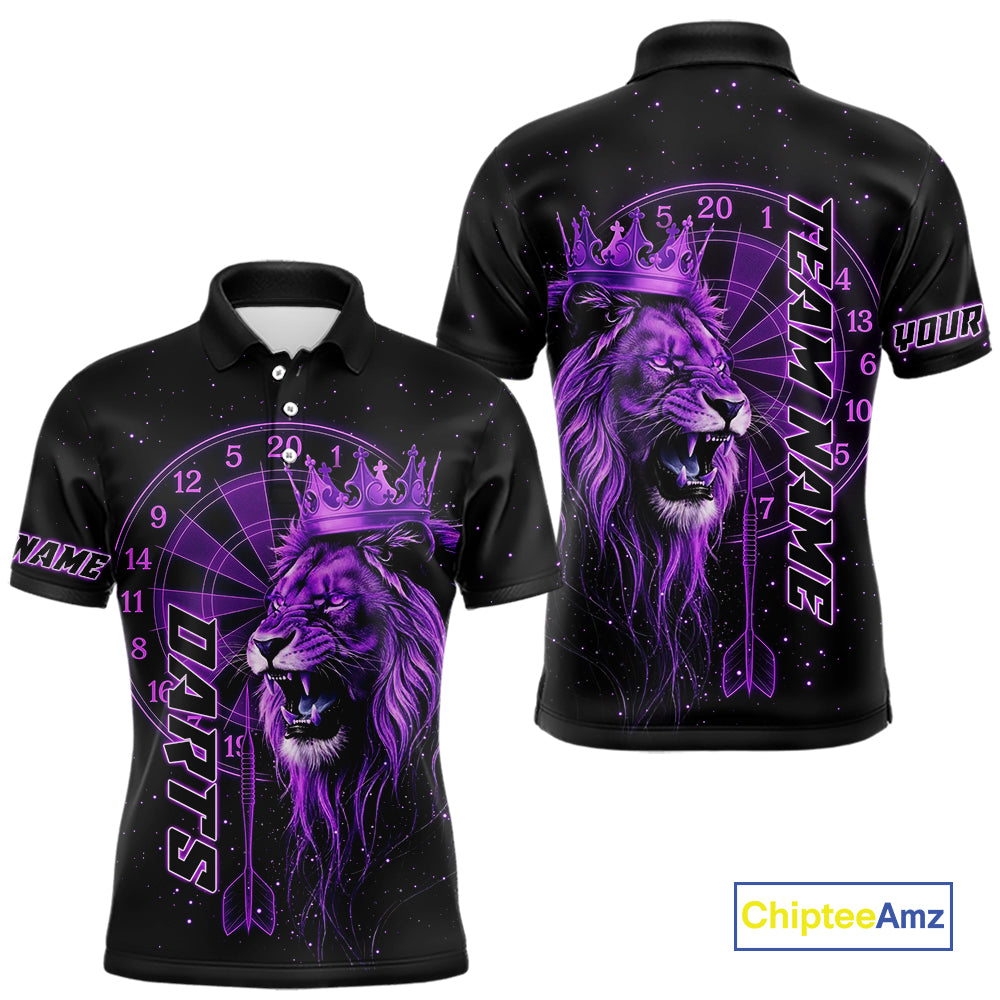 Black And Purple Funny Lion Crown Darts Shirt For Men Custom Darts League Jersey Polo & 1/4 Zip TDM5002