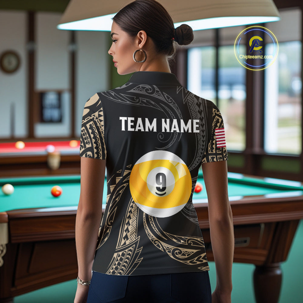 Personalized 8 Ball 9 Ball Tribal Billiard Shirt For Women Custom Pool Team Jersey Polo & 1/4 Zip TDM6335
