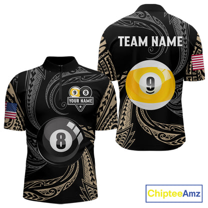 Personalized 8 Ball 9 Ball Tribal Billiard Shirt For Men Custom Pool Team Jersey Polo & 1/4 Zip TDM6335