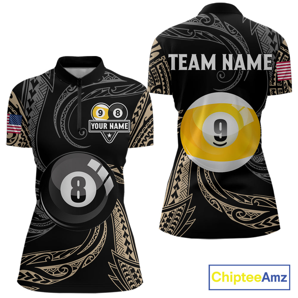Personalized 8 Ball 9 Ball Tribal Billiard Shirt For Women Custom Pool Team Jersey Polo & 1/4 Zip TDM6335