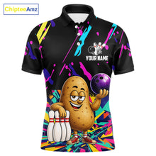 Load image into Gallery viewer, Colorful potato bowling polo shirt for men with funny custom bowling team graphics.