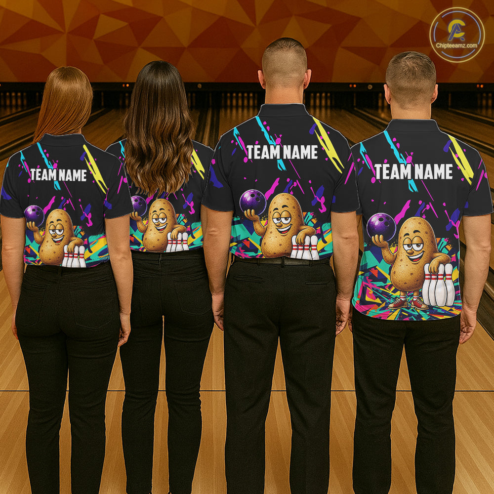 Back view of bowling team wearing matching potato bowling shirts in a bowling alley.