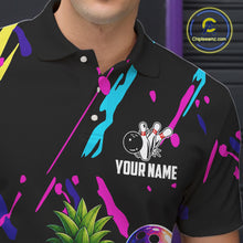 Load image into Gallery viewer, Close-up of a colorful pineapple bowling polo shirt collar, buttons, and pineapple artwork.