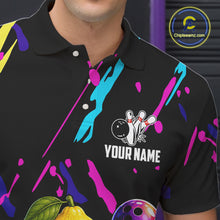 Load image into Gallery viewer, Close-up of a colorful lemon bowling polo shirt collar, buttons, and lemon artwork.