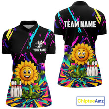 Load image into Gallery viewer, Colorful sunflower bowling quarter zip shirt for women designed for league tournaments and team events.