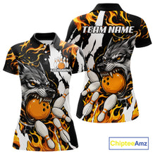 Load image into Gallery viewer, Personalized orange flame wolf bowling team jersey polo shirt for women featuring a fierce wolf with blazing orange flame artwork, premium custom bowling league apparel for tournaments, league nights and competitive bowling teams.