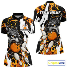 Load image into Gallery viewer, Personalized orange flame wolf bowling team jersey quarter zip shirt for women featuring detailed orange flame wolf graphics, premium custom bowling league apparel.