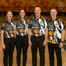 Load image into Gallery viewer, Bowling team wearing matching personalized orange flame wolf bowling team jerseys featuring premium wolf flame graphics, front view.