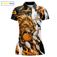 Load image into Gallery viewer, Personalized orange flame lion bowling team jersey polo shirt for women featuring a fierce lion with blazing orange flame artwork, premium custom bowling league apparel for tournaments and league play.