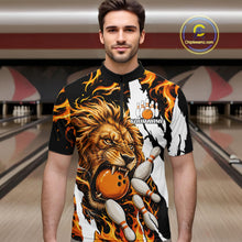 Load image into Gallery viewer, Man wearing personalized orange flame lion bowling team jersey quarter zip shirt featuring orange flame lion artwork, front view.