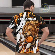 Load image into Gallery viewer, Man wearing personalized orange flame lion bowling team jersey quarter zip shirt featuring orange flame lion artwork, back view.