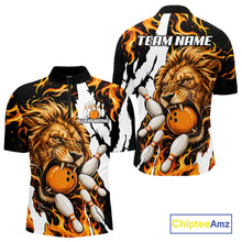 Load image into Gallery viewer, Personalized orange flame lion bowling team jersey quarter zip shirt for men featuring bold orange flame lion graphics, premium custom bowling league apparel.