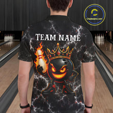 Load image into Gallery viewer, Man wearing personalized crown bowling ball lightning bowling team jersey polo shirt featuring crown and lightning bowling ball artwork, back view.