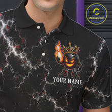 Load image into Gallery viewer, Close-up of the personalized crown bowling ball lightning bowling team jersey polo shirt showing the collar, buttons, premium performance fabric and detailed crown bowling ball graphics.