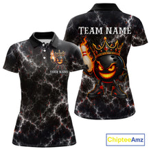 Load image into Gallery viewer, Personalized crown bowling ball lightning bowling team jersey polo shirt for women featuring a royal crown, bowling ball and lightning design, premium custom bowling league apparel for tournaments and league play.