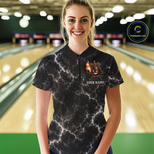 Load image into Gallery viewer, Woman wearing personalized crown bowling ball lightning bowling team jersey polo shirt featuring crown and lightning bowling ball artwork, back view.