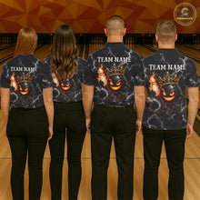 Load image into Gallery viewer, Bowling team wearing matching personalized crown bowling ball lightning bowling team jerseys featuring premium crown bowling ball graphics, back view.