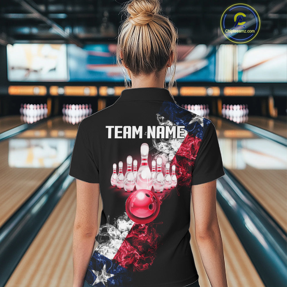 Personalized Smoke Texas Flag Bowling Shirts For Women Custom Patriotic Bowling League Team Jersey TDM7259